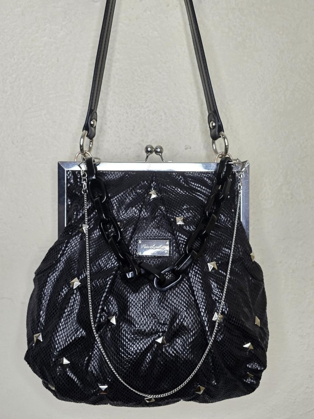 Custom Studded Kate Landry Frame Shoulder Bag Medium Black Poly Fabric Y2K - Picture 3 of 8